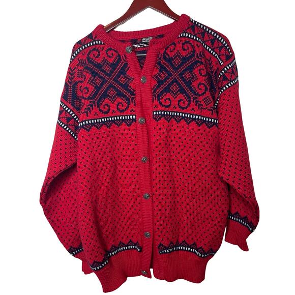 Dale of Norway Vintage Red Navy Fair Isle 100 Pure Wool Knit Cardigan Sweater XL - Picture 1 of 7